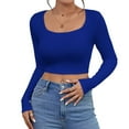 thumbnail image 1 of Thredzr Womens Henley Shirts Long Sleeve Casual Square Neck Basic Ribbed Low Cut Shirt Long Sleeve Spring Fall Winter Solid Color Tshirts 06# Royal Blue XS, 1 of 5