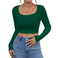 thumbnail image 1 of Thredzr Womens Long Sleeve Scoop Neck Tops Ribbed Long Sleeve Low Cut Casual Shirt Spring Solid Color Fall Winter Tee 06# Green L, 1 of 5