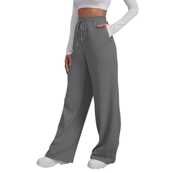 Thredzr Womens Loose Fit Fleece Pants Drawstring Trousers High Waist Wide Leg Baggy Solid Color Joggers Loose with Pockets Gray XXL
