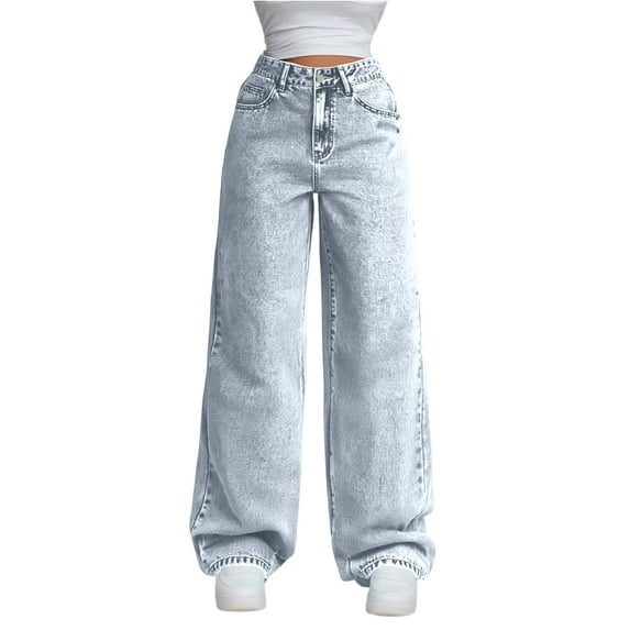 Thredzr Womens Lounge Jeans Pack Oversize Button Loose Fit Wide Leg Jeans Casual Cute Denim Pants Stretchy Pull on Straight Leg Jeans Light Blue XXL