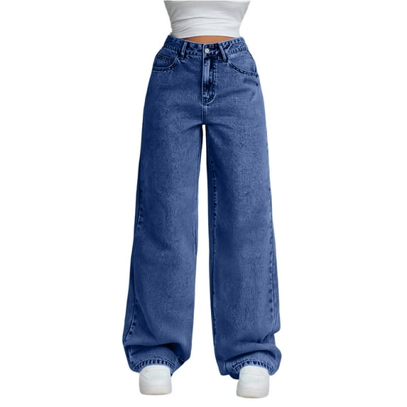 Thredzr Y2K Baggy Jeans Women Stretchy Button Straight Leg Jeans Elastic High Waist Pull on Denim Pants Cute Y2k Wide Leg Jeans Dark Blue XL