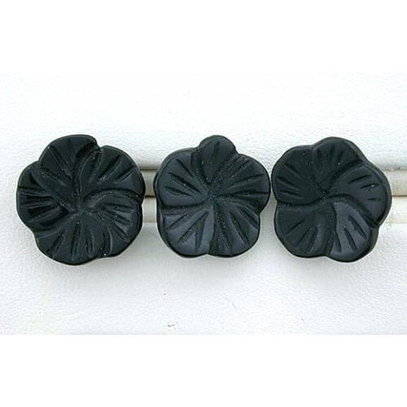 Three 18mm Hand Carved Black Stone Flower Gem Gemstone Button Bead