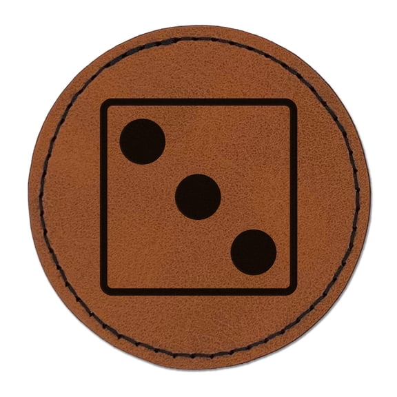 Three 3 Dice Die 2.5" Faux Leather Round Engraved Iron-On Patch - Brown
