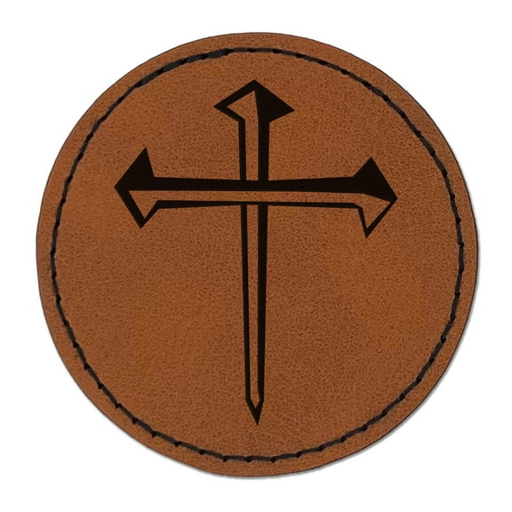 Three 3 Nails Cross Christian Stylized 2.5" Faux Leather Round Engraved Iron-On Patch - Brown
