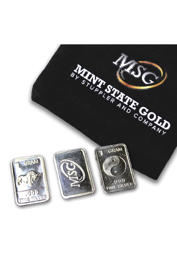 Three (3) One Gram .999 pure Silver Bars with random designs in a jewelry pouch (Made in China)