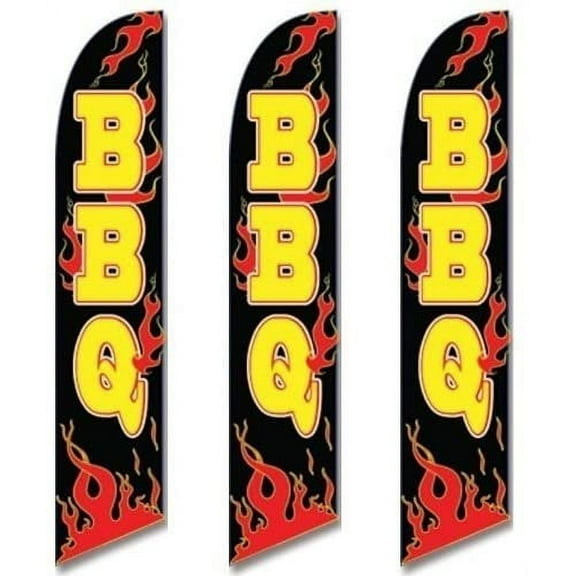 Three 3 Pack Full Sleeve Swooper Flags BBQ Black w Yellow Text & Red Flames