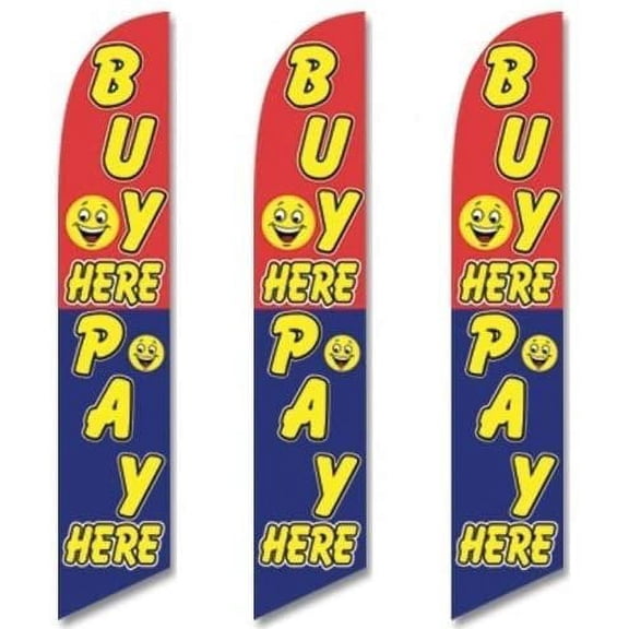 Three 3 Pack Full Sleeve Swooper Flags BUY HERE PAY HERE Red Blue Yellow