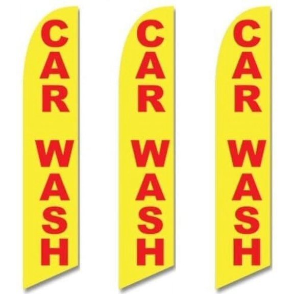 Three 3 Pack Full Sleeve Swooper Flags CAR WASH Yellow w Big Red Text
