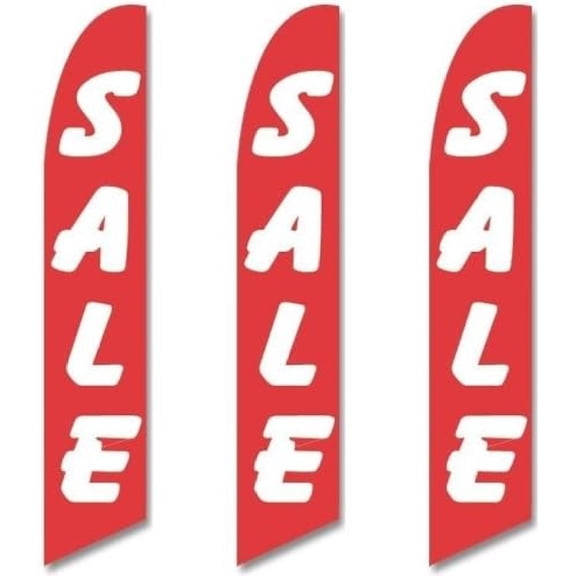 Three (3) Pack Full Sleeve Swooper Flags SALE Red with Big White Text