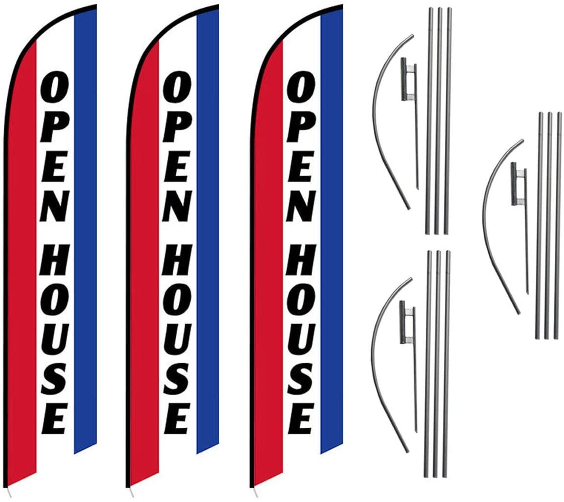 Three 3 Pack Swooper Flags & Pole Kits Open House Red White Blue Vertical