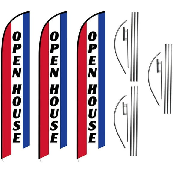 Three 3 Pack Swooper Flags & Pole Kits Open House Red White Blue Vertical