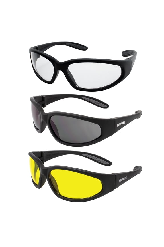 Three (3) Pairs Global Vision Hercules Sunglasses with Clear, Smoke, and Yellow Lenses