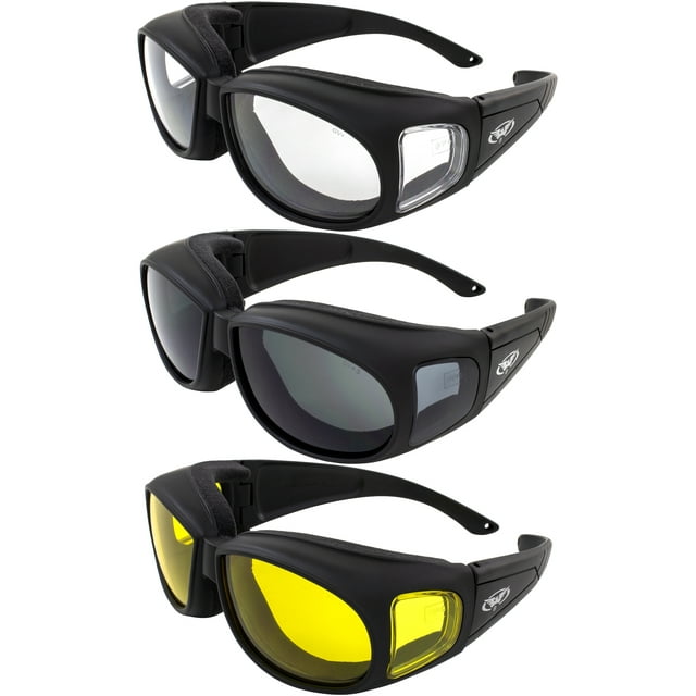 Three (3) Pairs Motorcycle Safety Sunglasses Fits Over Rx Glasses Smoke, Clear, and Yellow Day & Night & Gun Range! Usage Meets ANSI Z87.1 Standards