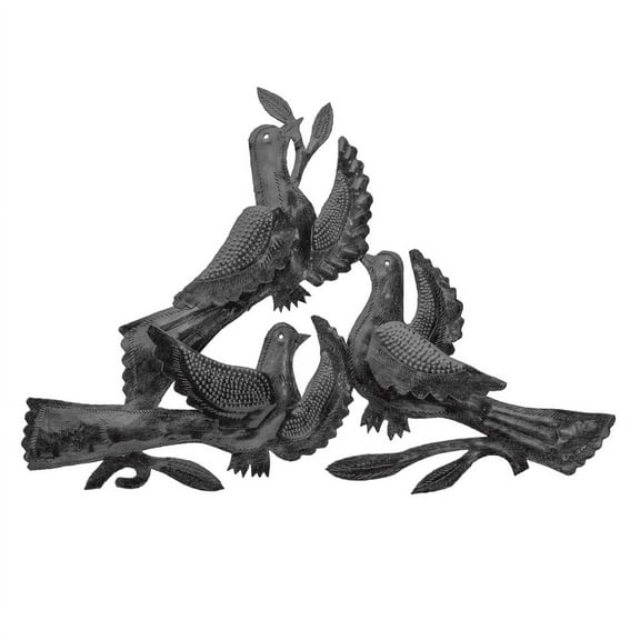 Haitian Recycled Steel Oil Drum, Metal Hanging Wall Art, 17" x 12" Three 3D Doves