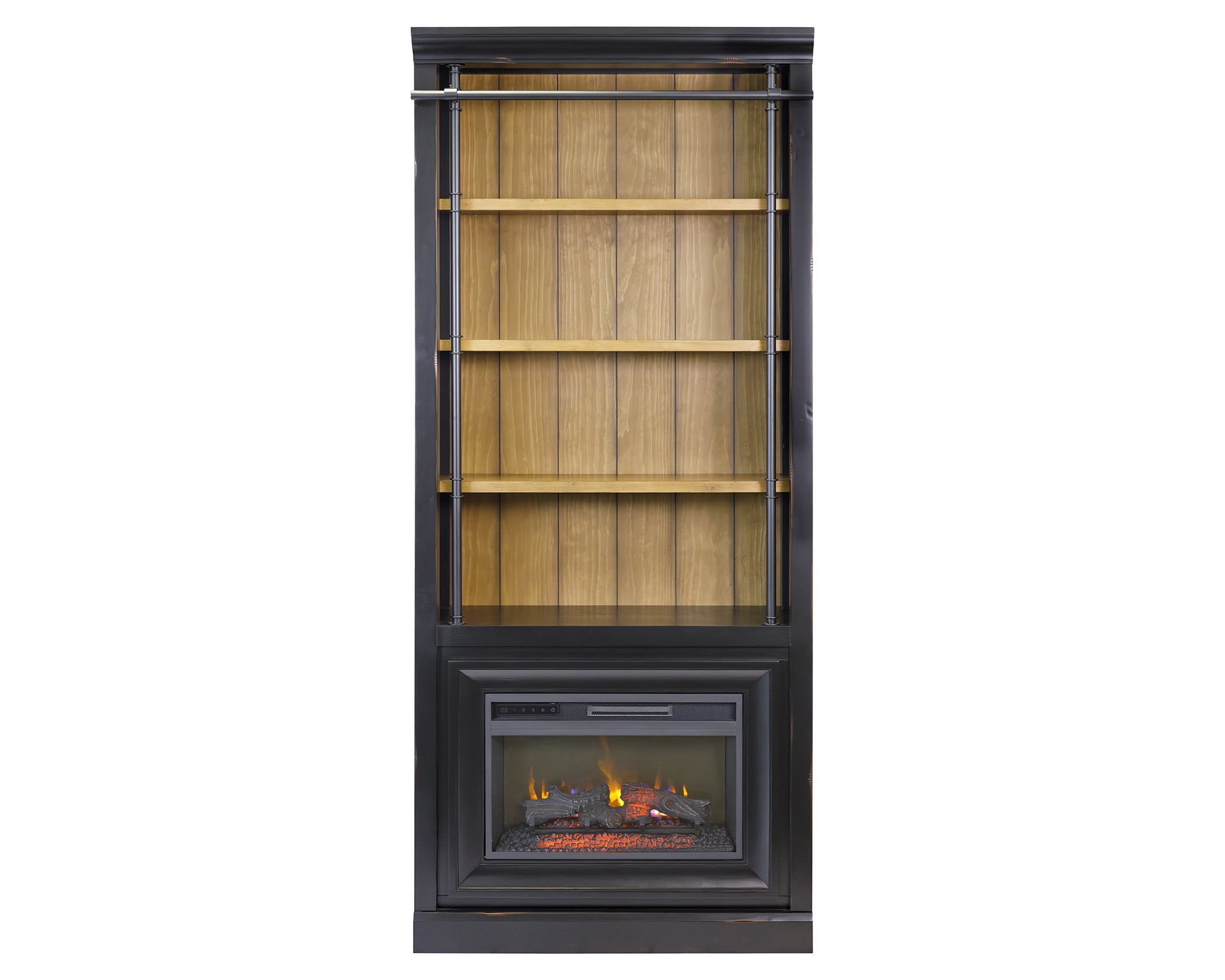 8' Black Wood Bookcase Wall with Fireplace and Ladder