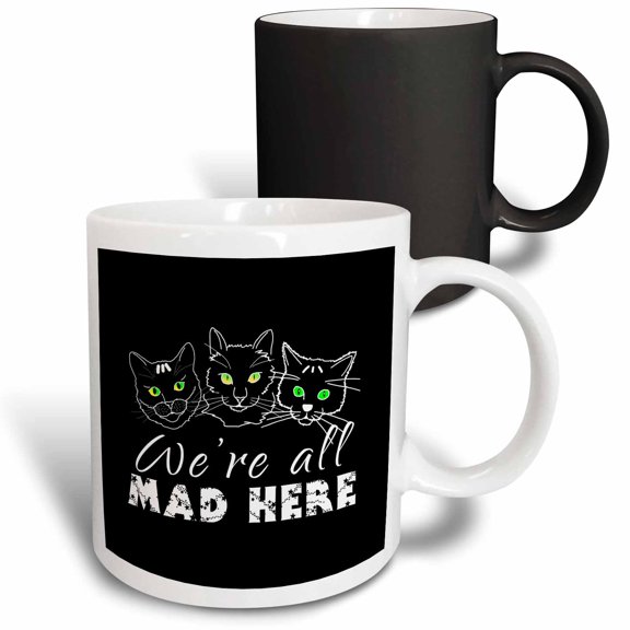 3drose, Three Adorable Cat Face Silhouettes. We Are All Mad Here. on Black, 11oz Magic Transforming Mug