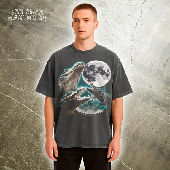 Three Alligator Moon T-Shirt, Funny Meme Tee, Vintage Moonlit Tee, Crocodile T-shirt TH030606