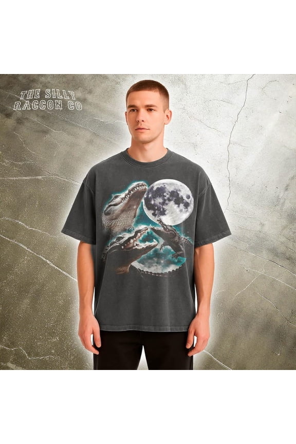 Three Alligator Moon T-Shirt, Funny Meme Tee, Vintage Moonlit Tee, Crocodile T-shirt TH030606