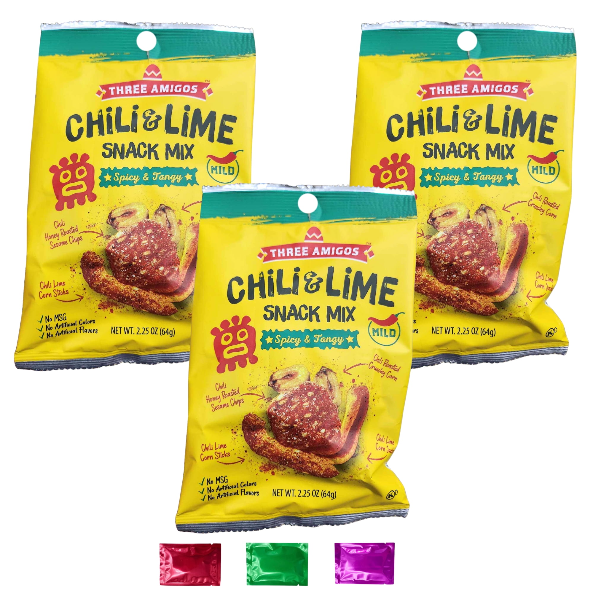 Three Amigos Chili & Lime Snack Mix Spicy & Tangy Flavored Corn Snacks, Assorted Delicious Snacking Pantry Stock Stuffers Party Treat Movie Night Snack 2.25 oz 3 Pack