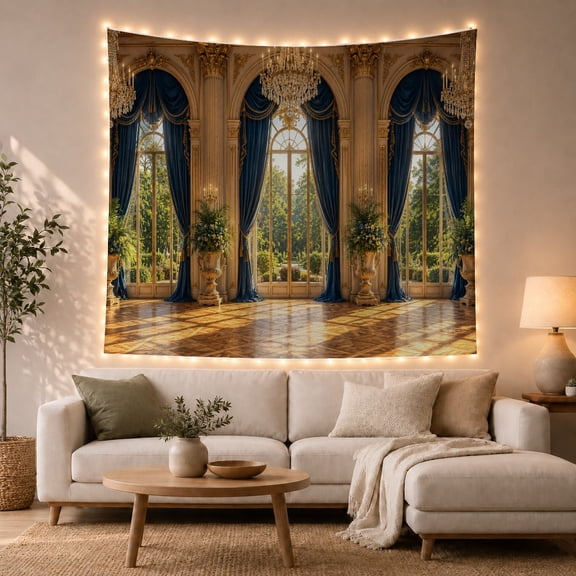 Three Arched Windows with Blue Drapes and Garden View, Serene Vintage for Flower Lovers, Palace Window Decor, Housewarming Gift, Tapestry Wall Hanging for Bedroom and Living Room