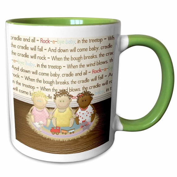Three Babies of the World in Room with Toys, Rock a Bye Wallpaper 11oz Two-Tone Green Mug mug-192621-7