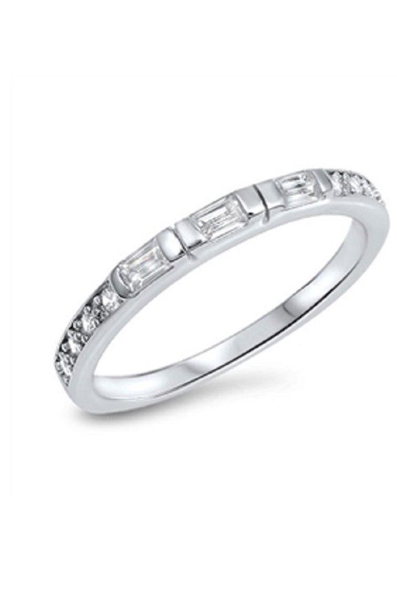 Three Baguettes Style Cubic Zirconia Ring Sterling Silver 925