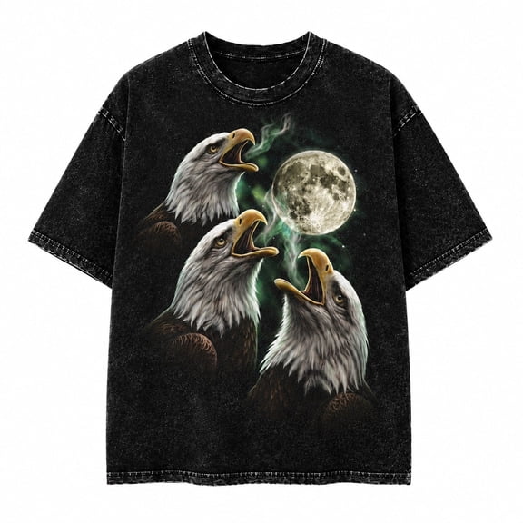 Three Bald Eagles and Full Moon Washed T-Shirt, 100% Heavyweight Cotton, 180 GSM, Unisex Classic Fit, Front Print