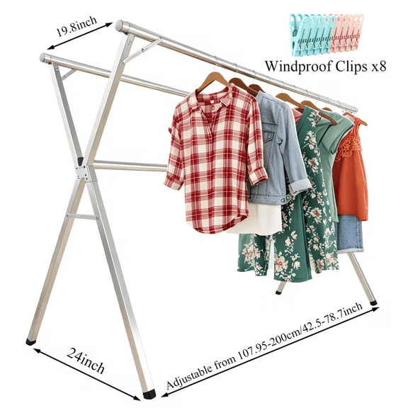 Three-Bar Foldable Clothes Drying Rack 63" And 78.7" Two Types, Retractable Length And Outdoor Indoor Use Durable Metal Drying Rack, Clothes Collapsible, Foldable Laundry Drying Rack, Heavy Duty Stai