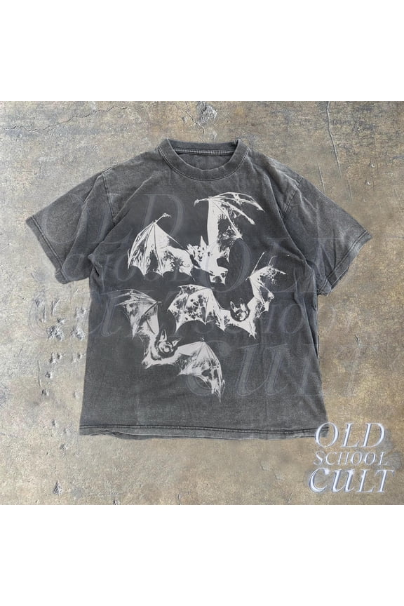 Three Bats Y2k T-Shirt, 90s Style Bat T-Shirt, Washed Retro Gothic Shirt, Unisex Adult Gru