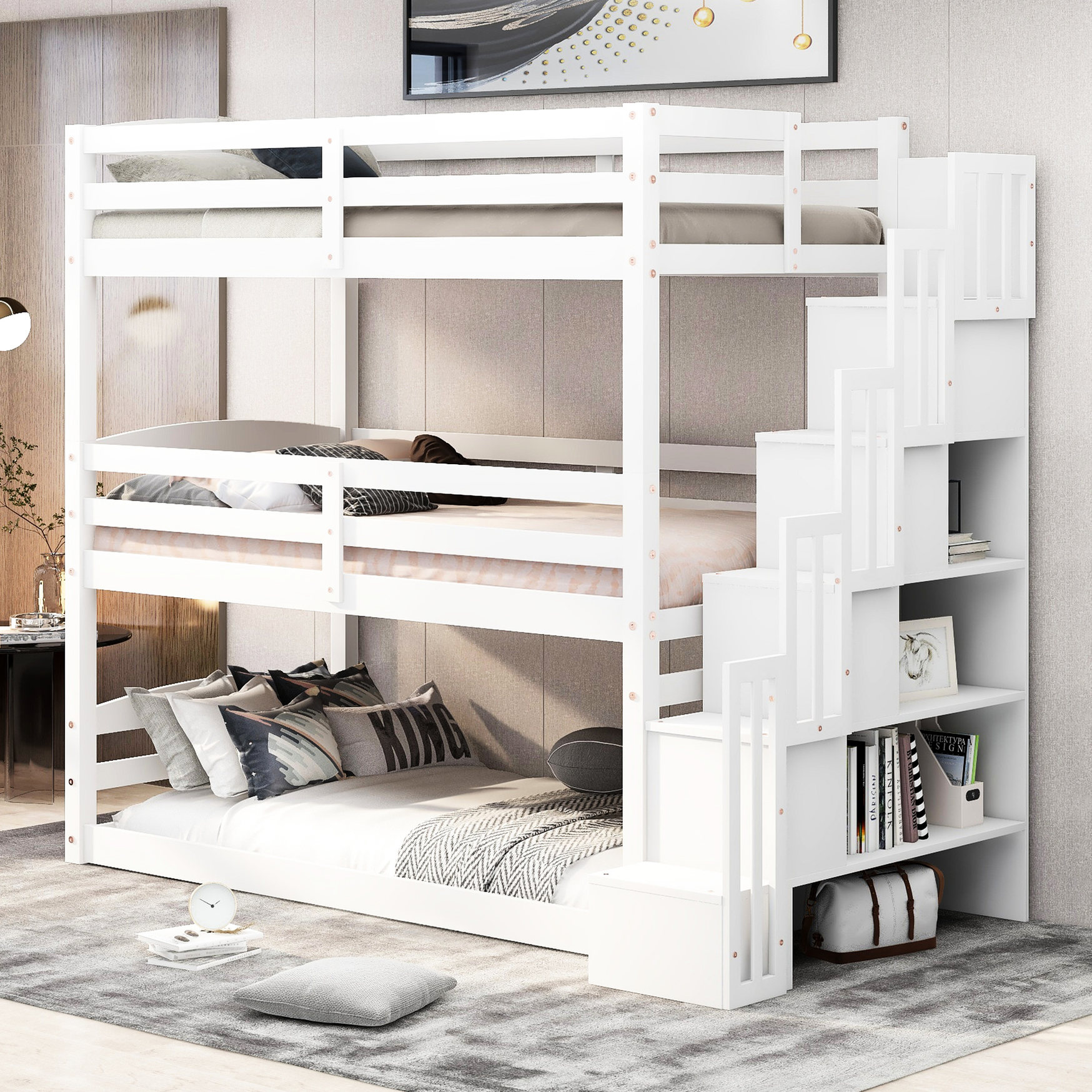 Photo inspiration: Visual Reference: Three Bed Twin Size Bunk Bed Storage Feature Pine And