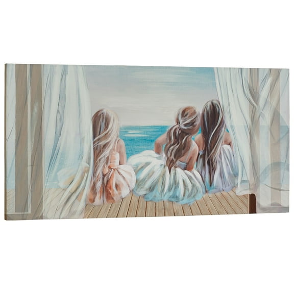 Three Belles Sitting Girls by Ocean Coastal Handpainted Canvas Wall Art Blue, White and Natural 47"Wx24"H