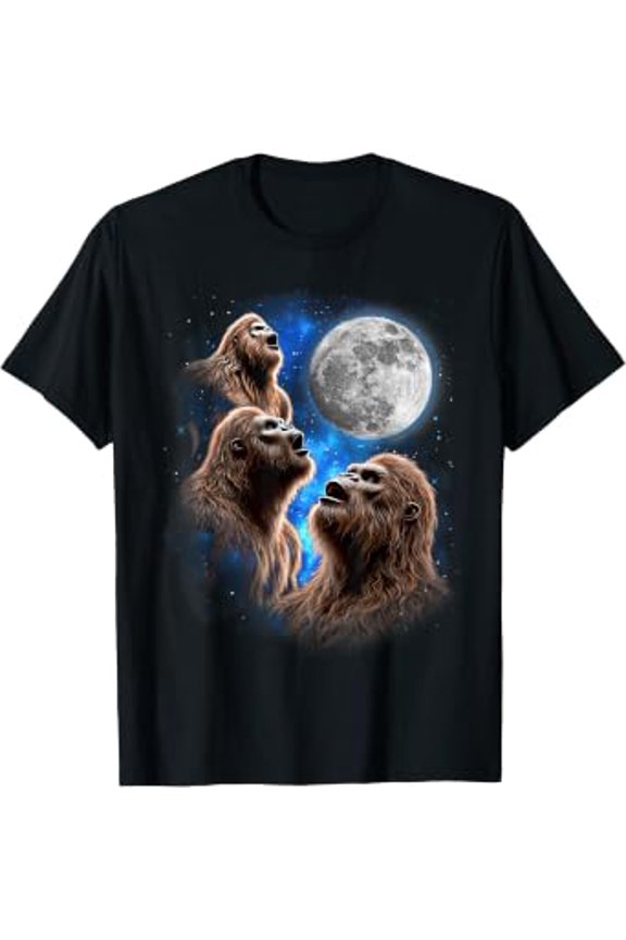 Three Bigfoot Moon Howling Funny Meme Weird Sasquatch Space T-Shirt