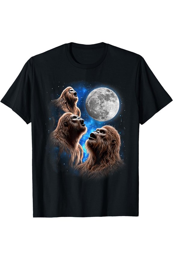 Three Bigfoot Moon Howling Funny Meme Weird Sasquatch Space T-Shirt