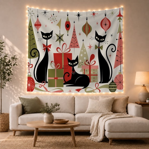 Three Black Cats with Gifts and Ornaments, Playful Retro for Decor Enthusiasts, Graphic Retro Wall Art Christmas Gift Tapestry Wall Hanging for Living Room and Dorm