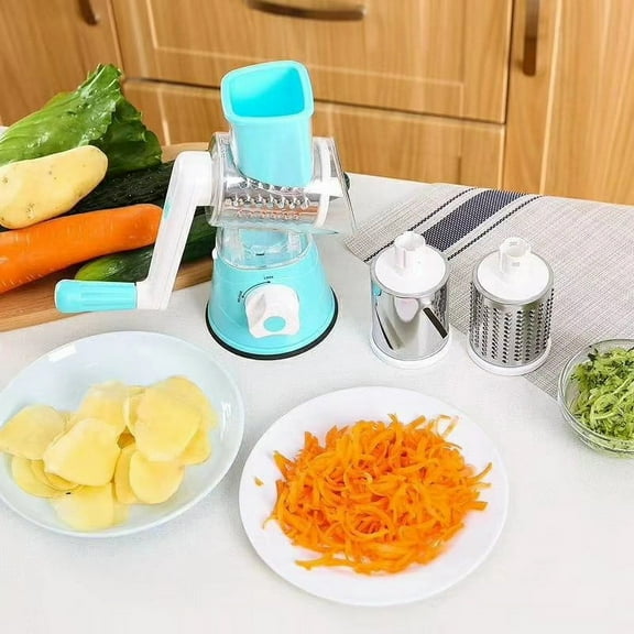 Three Blade Manual Rotary Vegetable Slicer, Mandoline, Shredder, Cheese Grater, Potato Slicer, Cole Slaw maker, Nuts Grater with Heavy Suction Base and Easy Clean Up, Blue