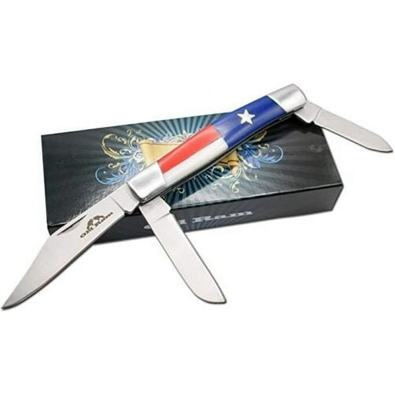 Three Blade Trapper Folding Pocket Knife Texas Flag Handle