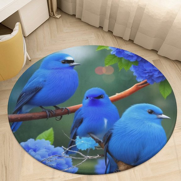 Three Blue Birds on Branch Round Area Rugs for Bedroom Living Room, 3FT Soft Indoor Circle Carpets, Carpet Home Decor Floor Mat
