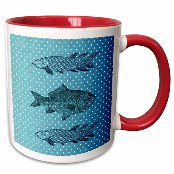 3drose, Three Blue Fish Polka Dots Beach Themed Art, 11oz Two-tone Red Mug