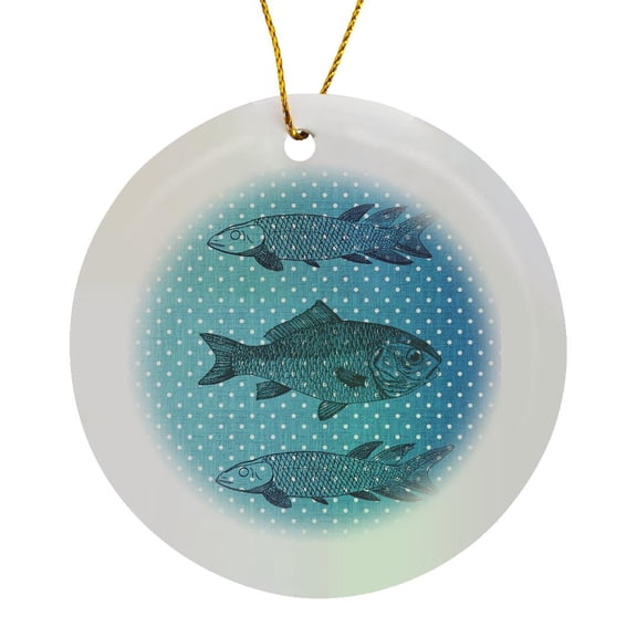 3drose, Three Blue Fish Polka Dots Beach Themed Art, Circle Porcelain Ornament