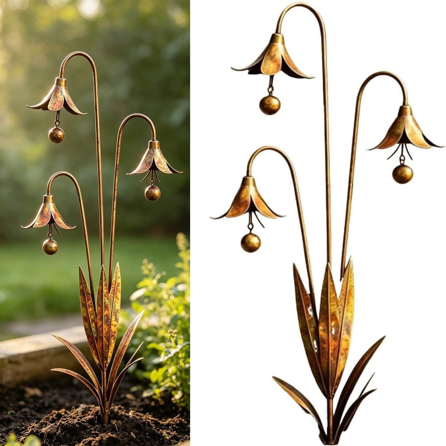 Three Bluebells Garden Stake with Bells, Flamed Copper Rain Catcher Flower Outdoor Yard Decoration, Metal Plant Sculpture Yard Art Decor, Rustic Wind Chime Ornament Gift