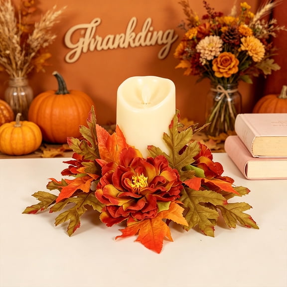 Three Branch Maple Peony Candle Ring, Artificial Floral Tabletop Centerpiece, Fall Harvest Arrangement for Dining Table, Mantel, Buffet, Seasonal Home Layout, Thanksgiving Ornament, Multicolor