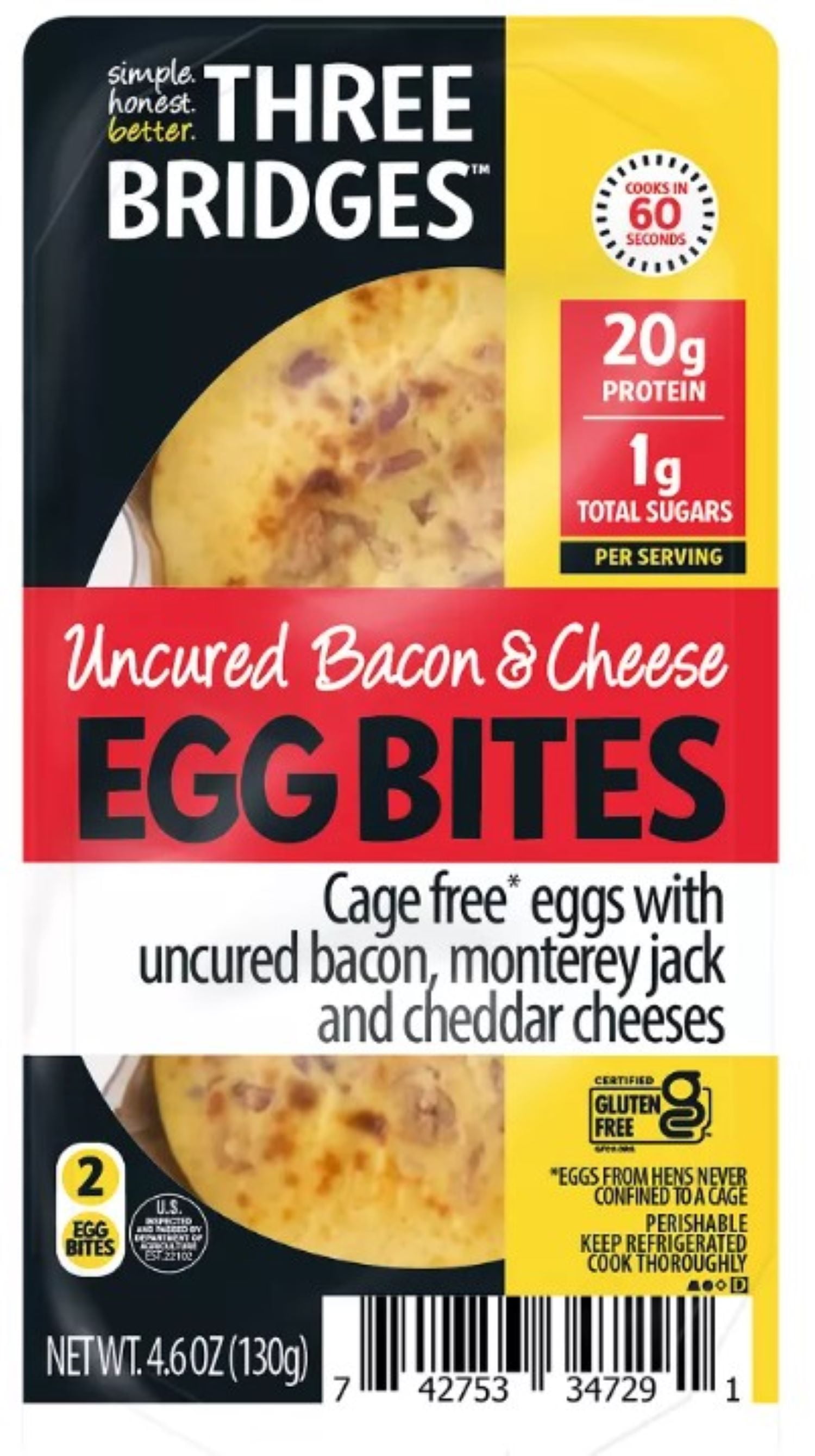 Three Bridges Uncured Bacon & Cheese Egg Bites, Gluten Free, 4.6 oz 2 Count Tray (Refrigerated)
