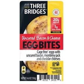 Three Bridges Uncured Bacon & Cheese Egg Bites, Gluten Free, 4.6 oz 2 Count Tray (Refrigerated)