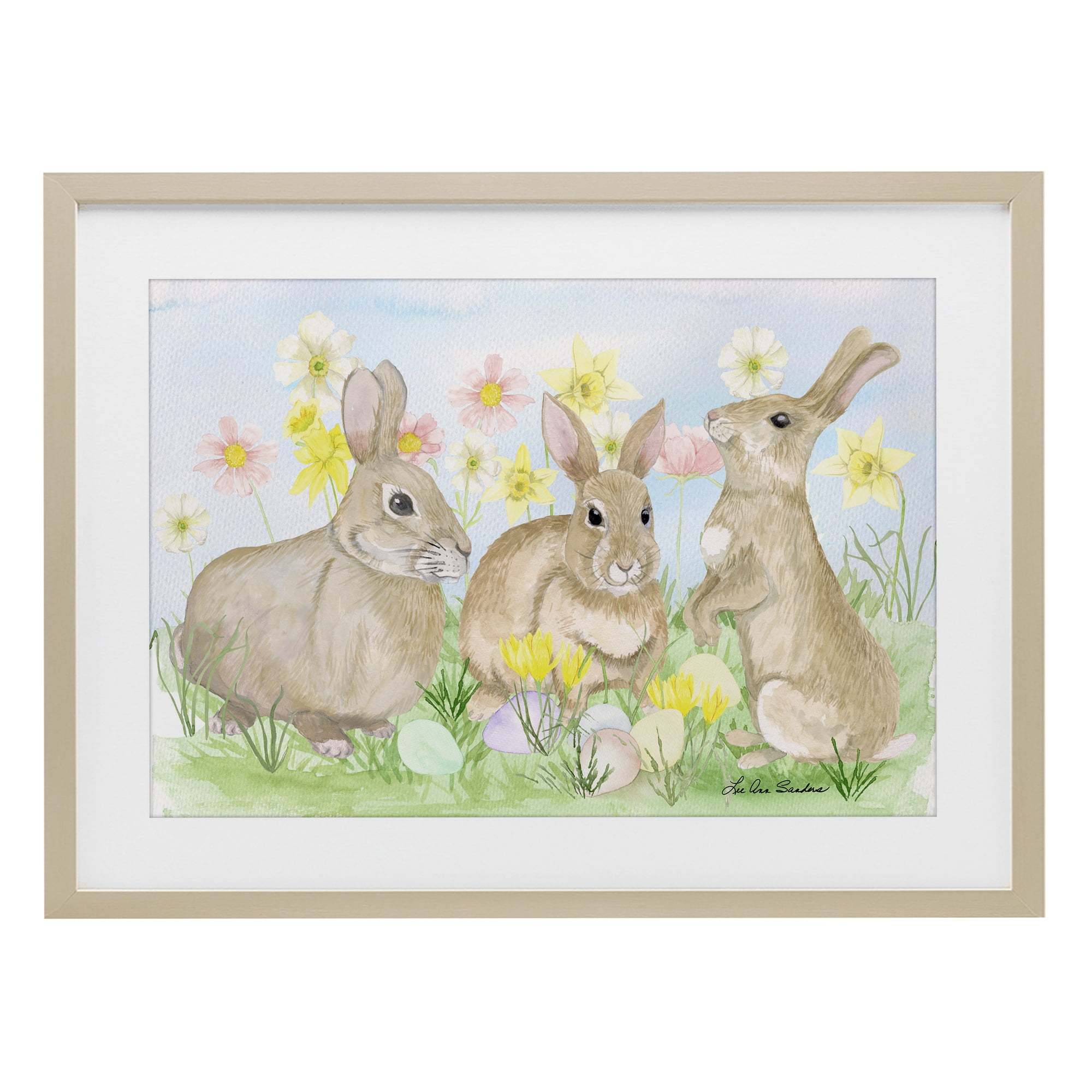 Three Bunnies In The Grass Birch Framed Print Under Glass, design by Lee Ann Sanders
