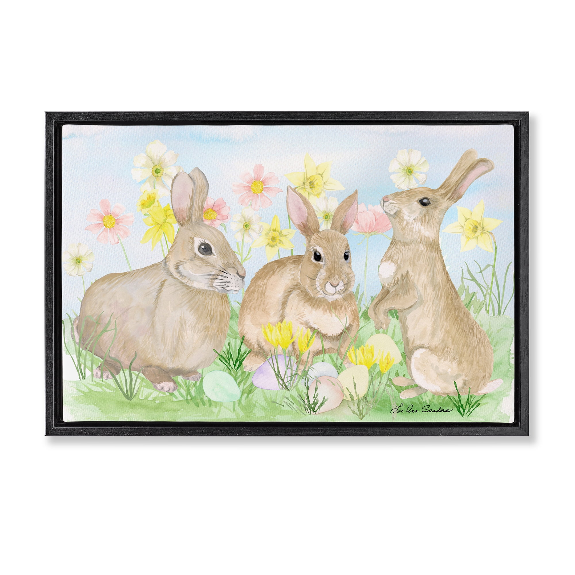 Three Bunnies In The Grass Black Framed Floater Canvas Wall Art, design by Lee Ann Sanders