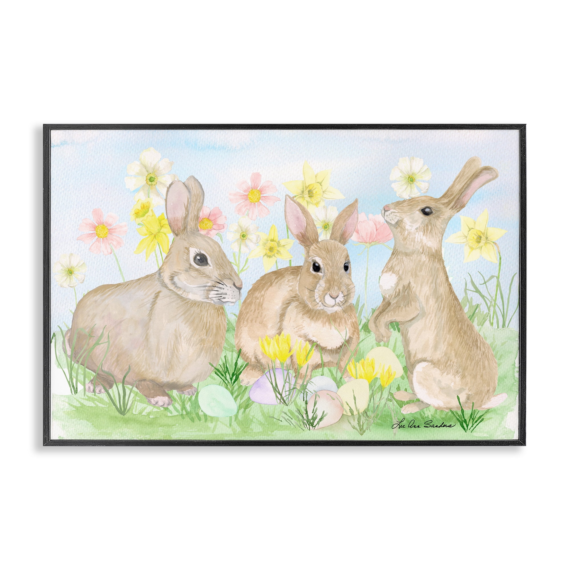 Three Bunnies In The Grass Black Framed Giclee Art, design by Lee Ann Sanders