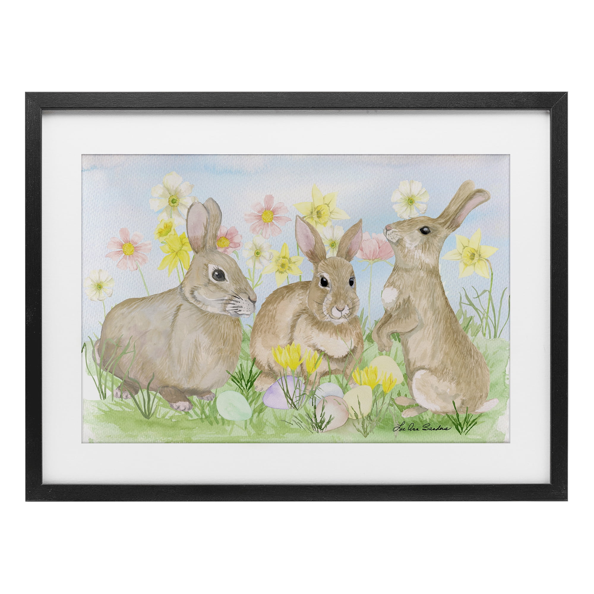 Three Bunnies In The Grass Black Framed Print Under Glass, design by Lee Ann Sanders