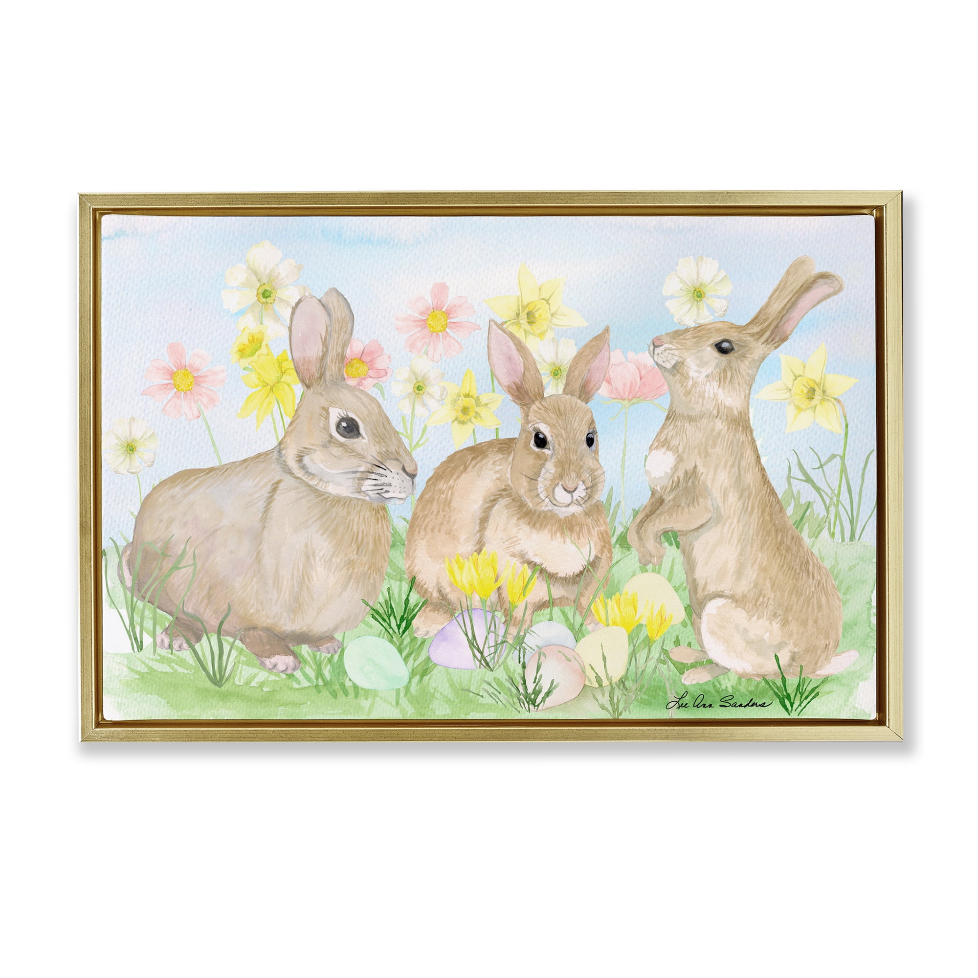 Three Bunnies In The Grass Gold Framed Floater Canvas Wall Art, design by Lee Ann Sanders