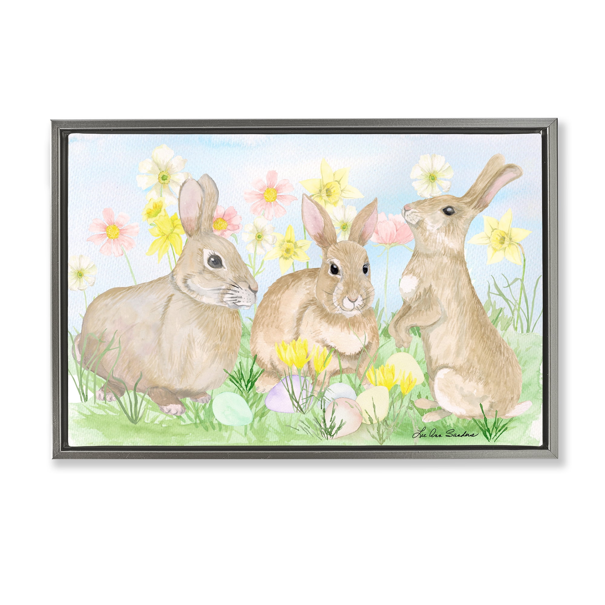 Three Bunnies In The Grass Gray Framed Floater Canvas Wall Art, design by Lee Ann Sanders