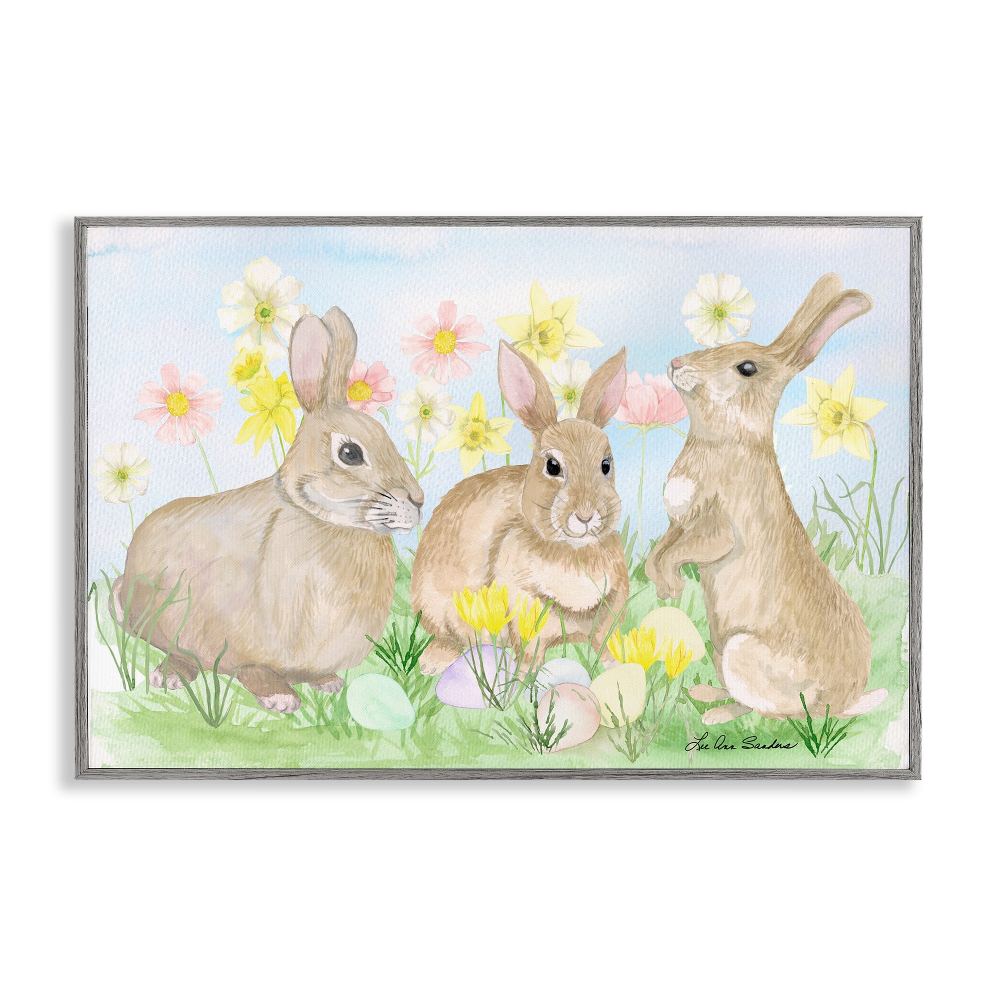 Three Bunnies In The Grass Gray Framed Giclee Art, design by Lee Ann Sanders